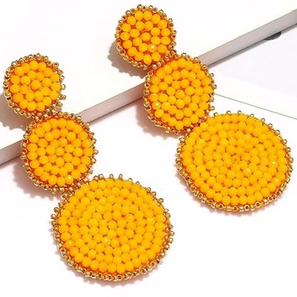 Marigold Yellow Beaded Triple Tier Earrings Big Bohemian Festival Statement New - Picture 3 of 9